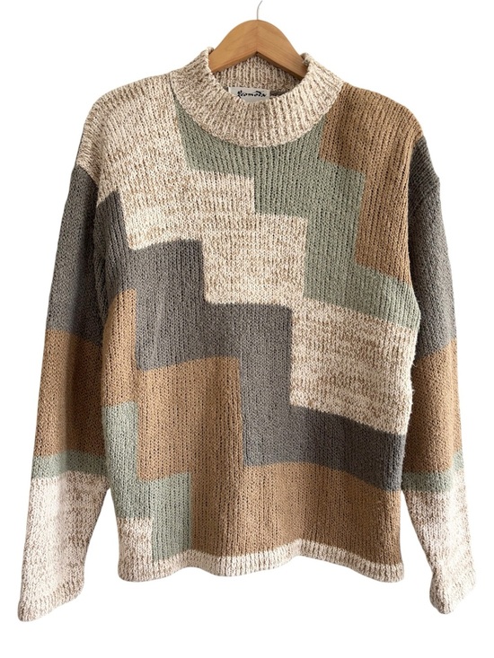 Vintage Sweaters - Vintage Geo-Block Abstract Neutral Pattern Mockneck Sweater